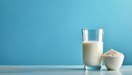 A bottle of milk and glass on a wooden tableの素材