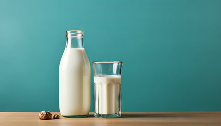 A bottle of milk and glass on a wooden tableの素材
