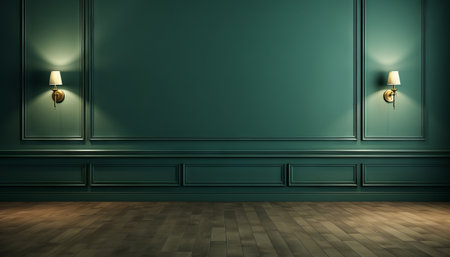 dark green wall empty room with wooden floor 3d renderingの素材