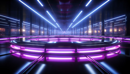 Corridor Empty Room With Purple And Blue Neon Glowing Lights Hexagon Background 3D Illustrationの素材