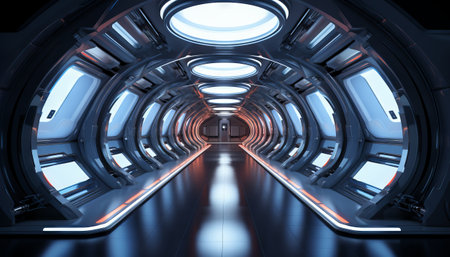 Corridor Hallway Hangar Garage 3D Rendering Illustration Sci Fi Futuristic Alien Spaceshipの素材