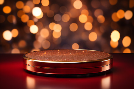 Empty podium golden on red background with light neon effects with bokeh decorationsの素材