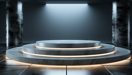 Minimalist white steps ascending on a circular marble platform in a black voidの素材