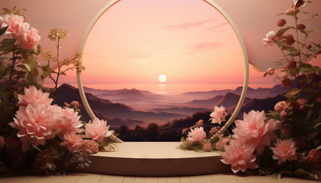 beauty podium surrounded by lush greenery, set against a backdrop of a dreamy. Romantic 3d sceneの素材