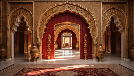 A grand entrance adorned with traditional motifs, welcoming guests in styleの素材