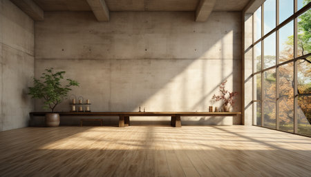 This image shows an empty room with a wooden floor and concrete walls. The room is well-lit by natural light from a large window. The floor is made of dark wood, and the walls are made of gray concrete. The room is furnished with a few simple pieces of furniture, including a chair, a table, and a lamp. There are no people or other objects in the roomの素材