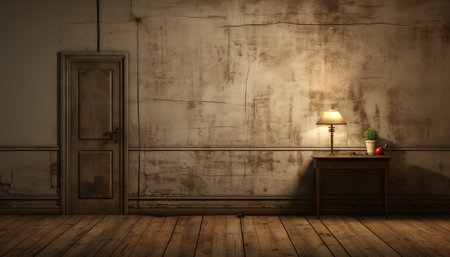This image shows an empty room with a wooden floor and concrete walls. The room is well-lit by natural light from a large window. The floor is made of dark wood, and the walls are made of gray concrete. The room is furnished with a few simple pieces of furniture, including a chair, a table, and a lamp. There are no people or other objects in the roomの素材