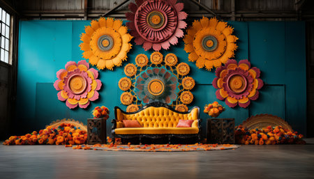 An Indian wedding stage design with a vibrant color scheme, mandalas, and marigoldsの素材