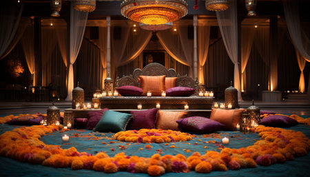 An Indian wedding stage design with a vibrant color scheme, mandalas, and marigoldsの素材