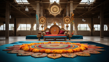 An Indian wedding stage design with a vibrant color scheme, mandalas, and marigoldsの素材
