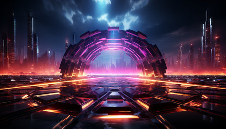 3D render of a hexagonal neon portal in a virtual reality environment with glowing lines in the pink blue yellow spectrum and vibrant colorsの素材