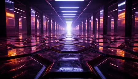 Ultraviolet neon light tunnel with hexagon frames and a hexagonal portal at the endの素材