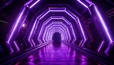 Ultraviolet neon light tunnel with hexagon frames and a hexagonal portal at the endの素材