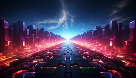 3D render of a hexagonal neon portal in a virtual reality environment with glowing lines in the pink blue yellow spectrum and vibrant colorsの素材