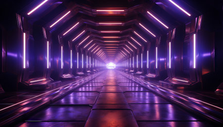 Ultraviolet neon light tunnel with hexagon frames and a hexagonal portal at the endの素材