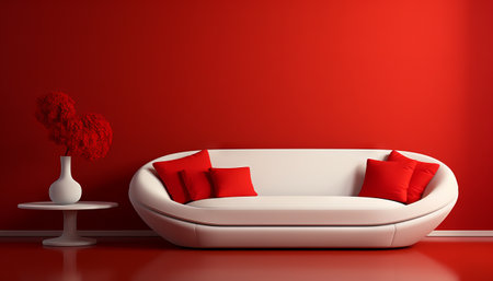 Interior design of modern white couch on red wall backgroundの素材