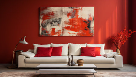 Interior design of modern white couch on red wall backgroundの素材
