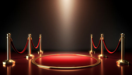 Realistic red carpet and pedestal with illumination and barrier fences with velvet ropeの素材
