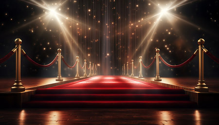 Realistic red carpet and pedestal with illumination and barrier fences with velvet ropeの素材