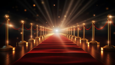 Realistic red carpet and pedestal with illumination and barrier fences with velvet ropeの素材