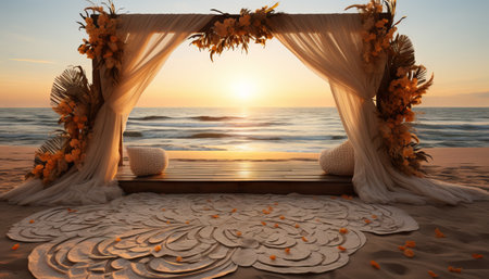beach wedding stage at sunset, with a bamboo structure adorned with sheer white drapes that flutter in the sea breeze. The stage floor should be the natural sand, decorated with a pattern of seashells and coral. Include a tropical flower arrangement and a view of the sun dipping below the ocean'sの素材