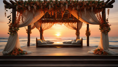 beach wedding stage at sunset, with a bamboo structure adorned with sheer white drapes that flutter in the sea breeze. The stage floor should be the natural sand, decorated with a pattern of seashells and coral. Include a tropical flower arrangement and a view of the sun dipping below the ocean'sの素材