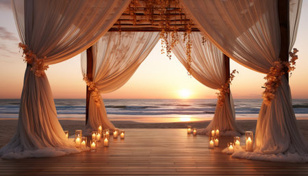 beach wedding stage at sunset, with a bamboo structure adorned with sheer white drapes that flutter in the sea breeze. The stage floor should be the natural sand, decorated with a pattern of seashells and coral. Include a tropical flower arrangement and a view of the sun dipping below the ocean'sの素材