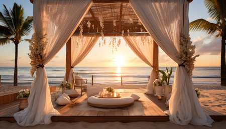 beach wedding stage at sunset, with a bamboo structure adorned with sheer white drapes that flutter in the sea breeze. The stage floor should be the natural sand, decorated with a pattern of seashells and coral. Include a tropical flower arrangement and a view of the sun dipping below the ocean'sの素材
