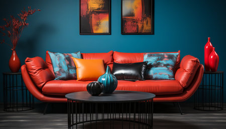a modern and inviting living room, anchored by a vibrant red sofa that immediately draws the eyeの素材