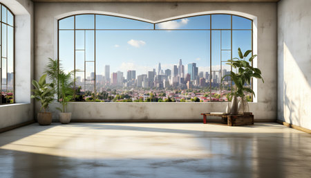 An empty, modern urban studio with large windows, cityscape views, white wallsの素材