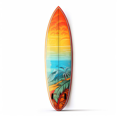 Brightly designed surfboard on a plain white background without shadowsの素材