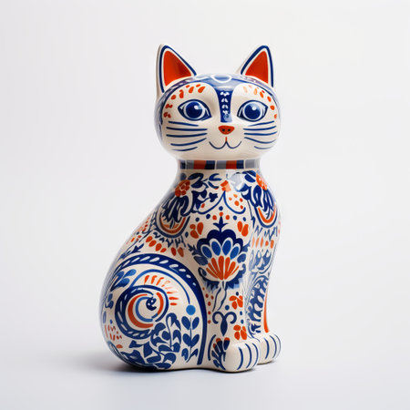 Ceramic cat figurine on a plain white background without shadowsの素材