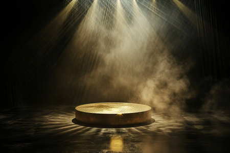3D rendering of a round podium with smoke and spotlights. The podium is a shiny metallic gold color and has a smooth, reflective surface. The smoke is white and billows out from the center of the podium in wispy, swirling patternsの素材