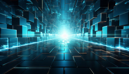 dark corridor with bright lights, in the style of futuristic geometric abstraction, gray and cyanの素材