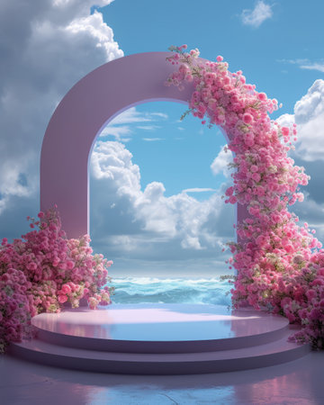 A pink room with a round table and pink flowers. Suitable for interior design, home decor, feminine themes, and lifestyle publications. Creates a warm and inviting atmosphere.の素材