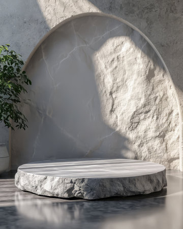 Stone and rock round podium pedestal for brand product exhibition template for ads designの素材