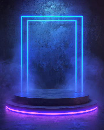 This close-up image captures a neon frame in a dark room. It's perfect for adding a captivating and vibrant focal point to designs related to nightlife, entertainment, or technology.の素材