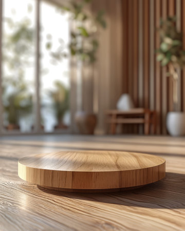 A wooden table with a blurred background suitable for product display, food photography, or any design that requires a natural, rustic setting. Perfect for showcasing digital or physical products.の素材