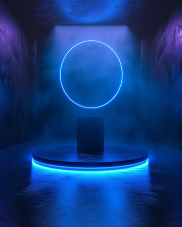 Realistic 3d blue cylinder pedestal podium in Sci-fi dark blue abstract room with illuminate horizontal neon lamp. rendering product display presentation. Futuristic minimal scene.の素材