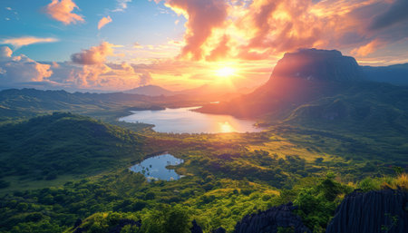 Mountain landscape with lake at sunset. Panoramic view.の素材