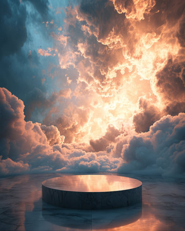 natural beauty podium in a mystical sky filled with swirling clouds and ethereal light, creating a magical atmosphere for showcasing your productの素材