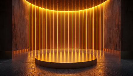 gold empty podium levitating in the darkness. Surround the podium with a mesmerizing wall of vertical gold neon lamps, casting an ethereal glow.の素材