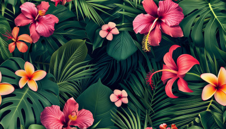 Tropical floral seamless pattern background with exotic flowers, palm leaves, jungle leaf, orchid, bird of paradise flower. Botanical wallpaper illustration in Hawaiian styleの素材