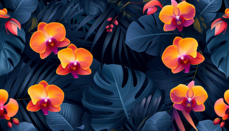 Tropical floral seamless pattern background with exotic flowers, palm leaves, jungle leaf, orchid, bird of paradise flower. Botanical wallpaper illustration in Hawaiian styleの素材