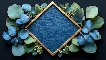 A golden diamond frame surrounded by eucalyptus leaves on a dark blue textured background.の素材