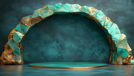 A 3D illustration of a modern, minimalist archway made of teal and gold geometric shapes, with a circular platform in the center.の素材