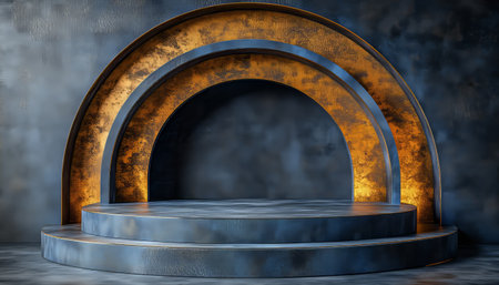 A circular platform with metallic arches and dim lighting, creating a minimal and modern backdrop for product displays.の素材