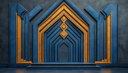 A modern, geometric background with blue and gold panels, creating an abstract design with a platform in the center.の素材