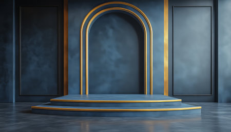 A circular platform with gold trim sits in front of a blue wall with gold arched frames.の素材