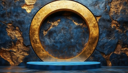 A minimalist, modern product display featuring a blue platform against a black and gold marble wall with a golden circle framing the center.の素材